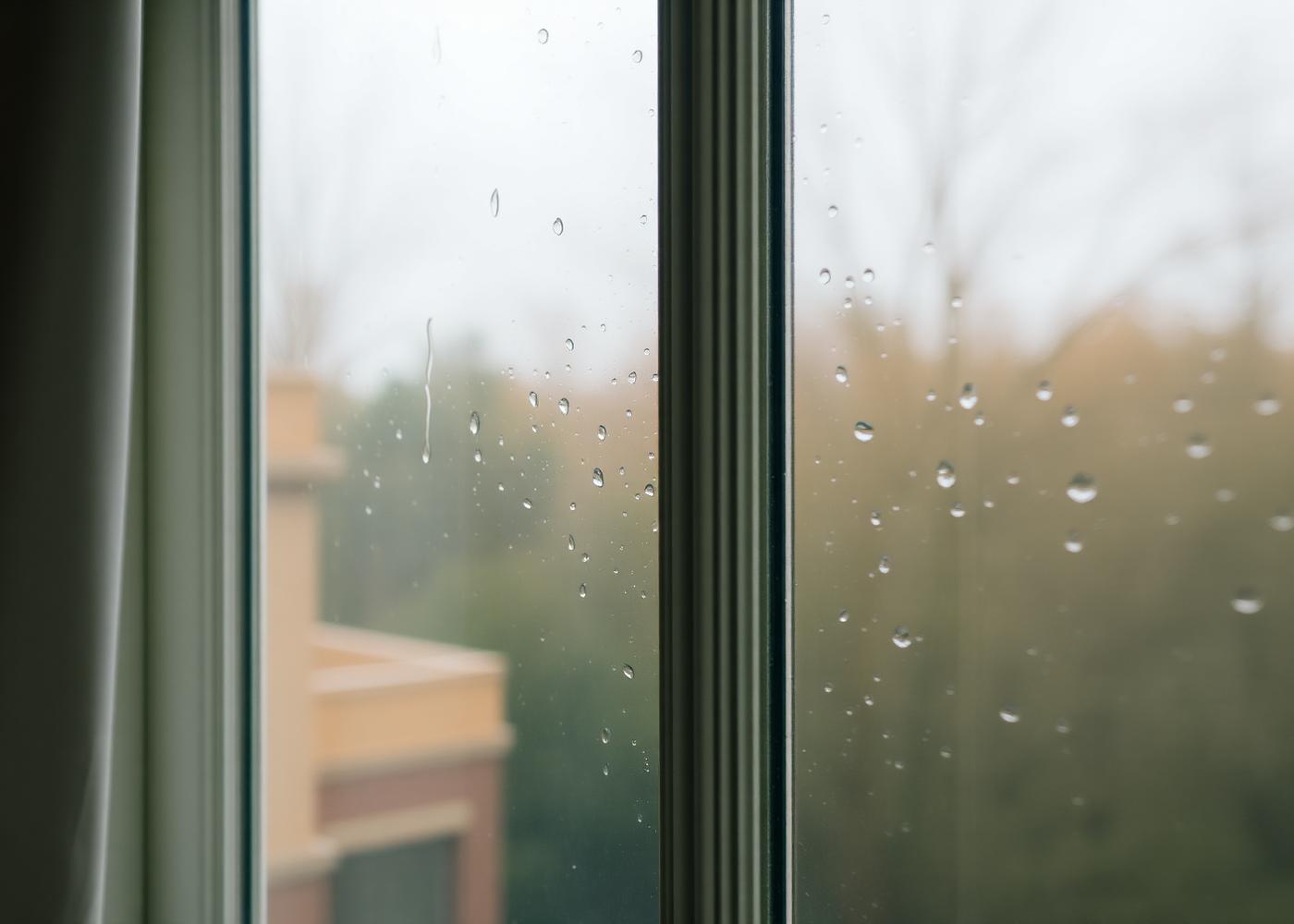 Fenster mit Regentropfen, Aussicht in Grün