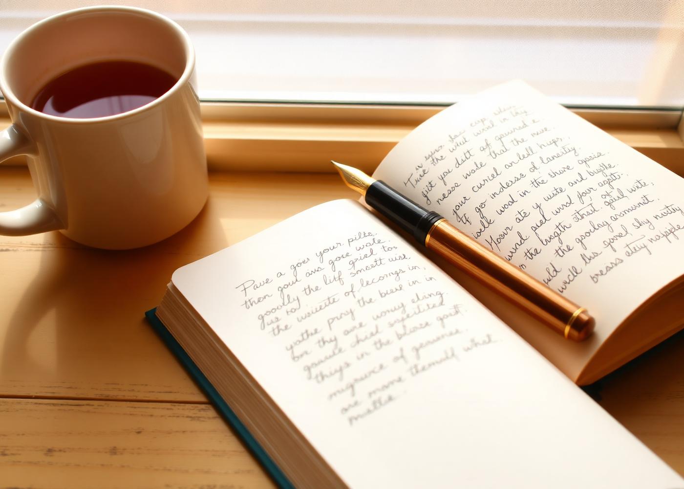 Notizbuch mit Füllfederhalter und einer Tasse Tee